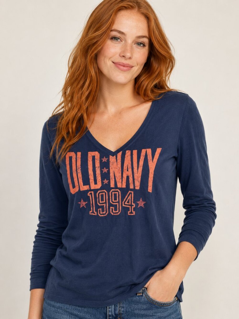 Old Navy 1994 Blue V-Neck Long Sleeve Graphic Tee Women's Medium Casual Cotton S